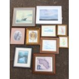 A box of miscellaneous framed pictures - signed prints, floral, a map of Minorca, dried flowers,