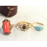 A cased Victorian 9ct gold ring set with rectangular coral panel framed by zircons; a gold ring