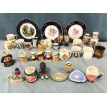 Miscellaneous ceramics including commemorative tankards, toby jugs, Japanese, floral cabinet plates,