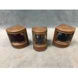 A set of three copper yachting navigational lights with bulbous red, green & white glass lenses,