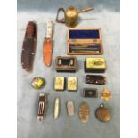 Miscellaneous collectors items - cased geometry set, sheath knives, a brass watering can,