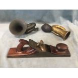 A mahogany Robi Sorby steel plane with shaped handle; and two antique brass car horns. (3)