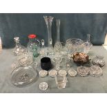 Miscellaneous glass including tall vases, a heavy cut glass fruit bowl, jugs, decanters &