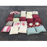 A collection of miscellaneous cushions - red silk, tweed, floral, swans, embroidered, brocade,