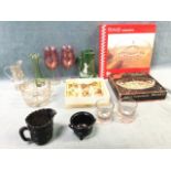 Miscellaneous glass including a pair of masonic cups, a Mary Gregory jug, boxed platters, a cased