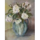 Mollie James, oil on canvasboard, still life with vase of flowers, signed to verso and titled Blue