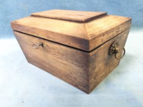 A Victorian rosewood tea caddy with tablet to top enclosing an interior with twin satinwood lidded