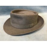 A 50s Attaboy pork pie hat with striped band and labelled leather interior - size 6 7/8. (7.5in x