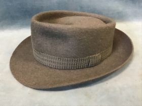 A 50s Attaboy pork pie hat with striped band and labelled leather interior - size 6 7/8. (7.5in x