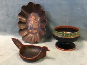 A Norwegian painted bird form ale bowl; a Norwegian painted pedestal bowl; and a 19th century