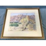 Barry Thorn, pastel, landscape study with eastern fort, labelled to verso Rustaq Fort, Oman, signed,