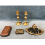A pair of Victorian renaissance revival ormolu candlesticks; a 19th century French oval ormolu and