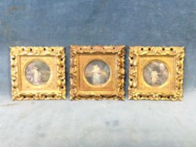 Three Italian miniature engravings of 18th century amourous couples, with hand colouring, in