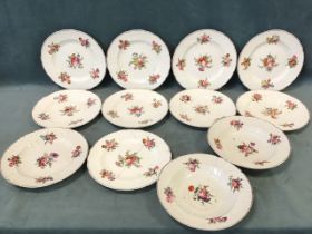 A nineteenth century floral handpainted set of ten dinner plates with polychrome sprigs on relief