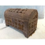 An antique medieval style iron and velvet covered coffer, now fitted as a stationery box. (17.5in