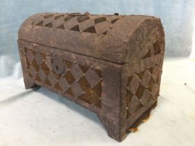 An antique medieval style iron and velvet covered coffer, now fitted as a stationery box. (17.5in