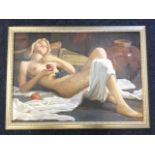 Giuy Conyant? oil on canvas, reclining female nude with fruit, indistinctly signed, framed. (26.25in