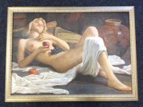 Giuy Conyant? oil on canvas, reclining female nude with fruit, indistinctly signed, framed. (26.25in