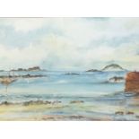 Fournier? pencil and watercolour, coastal view with islands and quay, boats and seagulls, signed