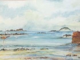 Fournier? pencil and watercolour, coastal view with islands and quay, boats and seagulls, signed