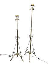 A pair of late Victorian brass arts and crafts WAS Benson style extending standard lamps, the triple