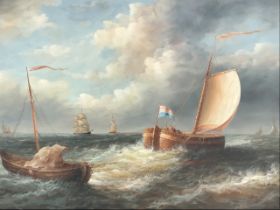 A 19th century Dutch style oil on canvas, shipping in a blustery wind, indistinctly signed,