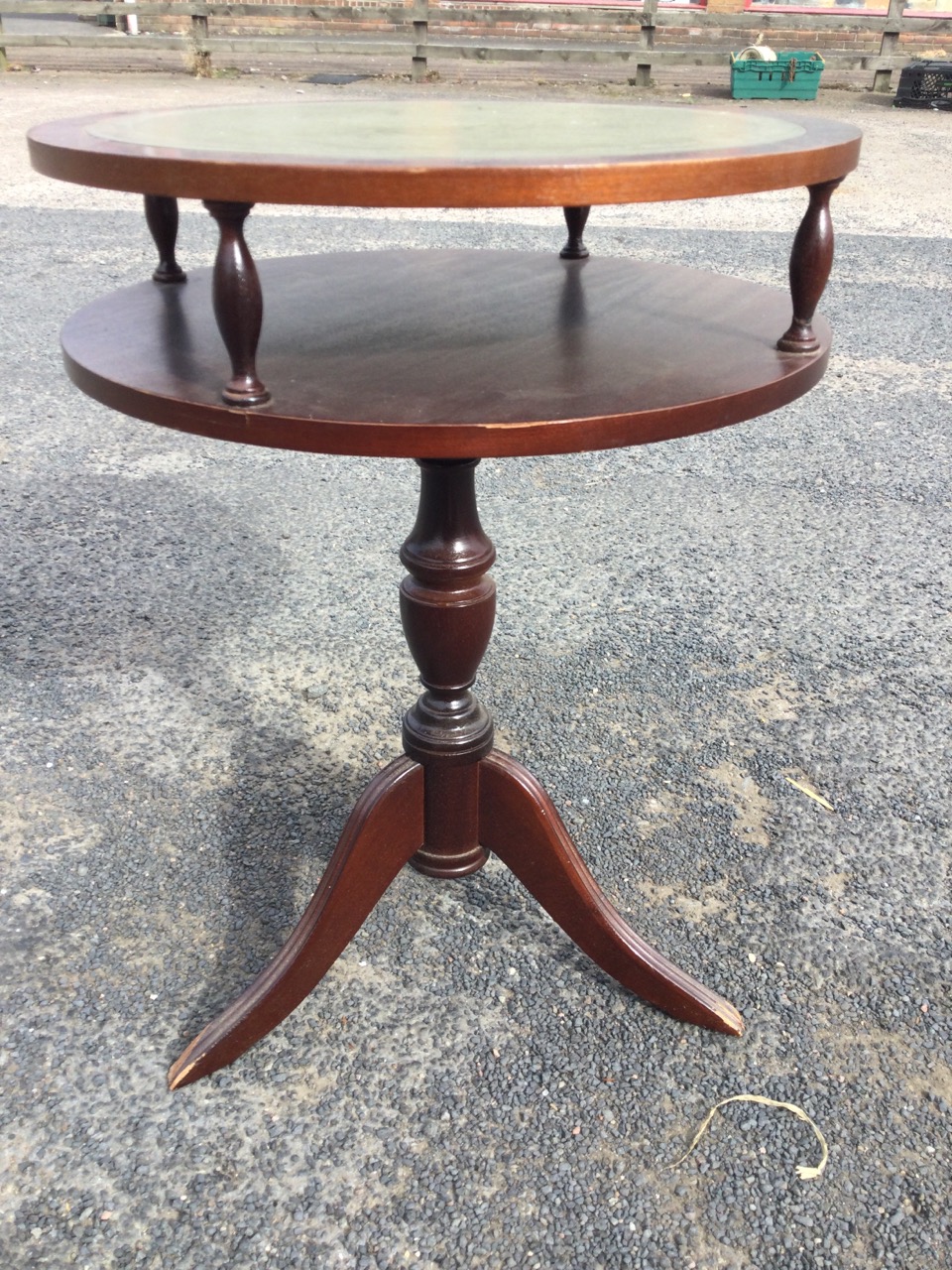 A mahogany demi-lune hall table with gilt tooled leather skiver to top raised on spindles above a - Image 2 of 3