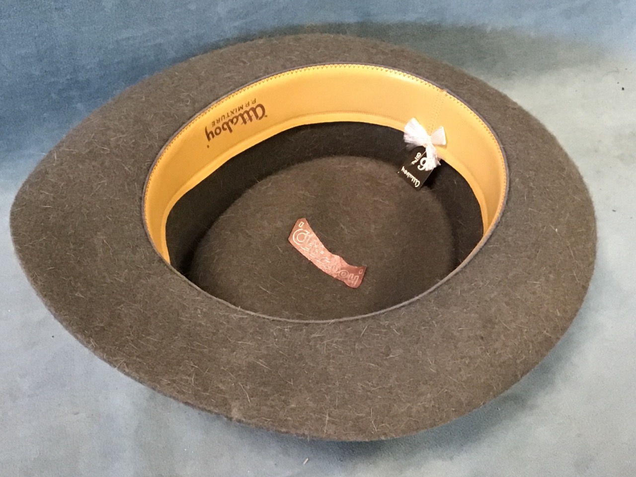 A 50s Attaboy pork pie hat with striped band and labelled leather interior - size 6 7/8. (7.5in x - Image 2 of 3