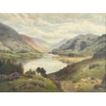 Ward Hays, watercolour, lake landscape with sheep, signed and dated, with gilt oak slip,