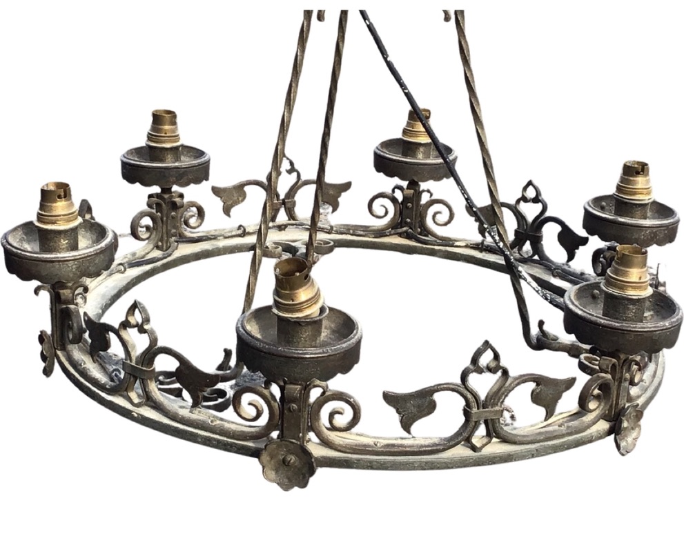 A wrought iron gothic style chandelier, the cylindrical upper section with scrolled and twisted - Image 2 of 3