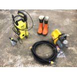 A Karcher K2 pressure washer; a Jet 3000 water pump and accessories; and a pair of Oregon chainsaw