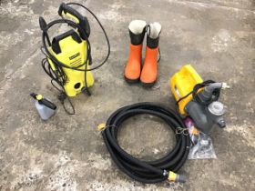 A Karcher K2 pressure washer; a Jet 3000 water pump and accessories; and a pair of Oregon chainsaw