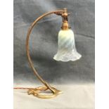 An arts and crafts WAS Benson style tablelamp, the gimbal mounted mouth blown spiral vaseline