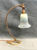 An arts and crafts WAS Benson style tablelamp, the gimbal mounted mouth blown spiral vaseline