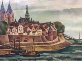 Eduard Dollerschell, oil on canvas, coastal view of town with boat at quayside, signed, inscribed to