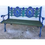 A cast iron garden bench, the back cast with oval wreaths containing riders on rearing horses,