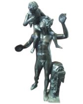 Nineteenth century bronze, after the antique, fawn with child aloft holding vines, he with cymbals