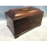 A George III mahogany rectangular tea caddy, the moulded top with brass swan-neck handle, on a