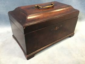 A George III mahogany rectangular tea caddy, the moulded top with brass swan-neck handle, on a