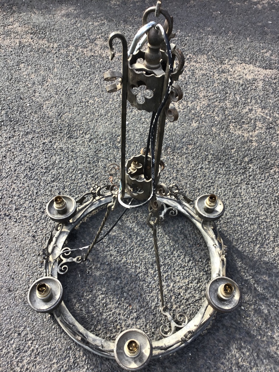 A wrought iron gothic style chandelier, the cylindrical upper section with scrolled and twisted - Image 3 of 3