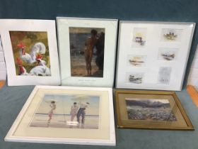 Miscellaneous framed prints including Henry Scott Tuke, Jack Vittriano, J Mac-Whirter, a signed