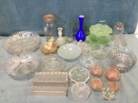 Miscellaneous glass including fruitbowls, vases, a pink deco dressing table set, a carnival
