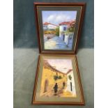 Diaz, oil on canvas board, street scene, mounted and framed; and Pappas, oil on paper, Mediterranean
