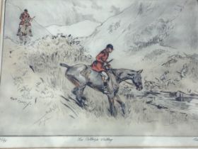 Tom Carr, etching, titled The College Valley, huntsmen and hounds crossing a stream, numbered,