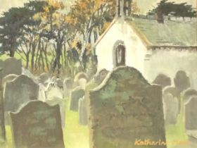 Katharine Mair, oil on board, country church and headstones in churchyard, signed & framed. (16.25in