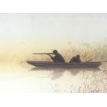 Takashi Nakayama, watercolour on paper, two men wildfowling in a punt, signed, mounted and