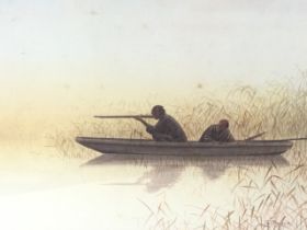 Takashi Nakayama, watercolour on paper, two men wildfowling in a punt, signed, mounted and