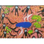 An Australian Aboriginal oil on board of figures, birds and trees around a waterhole, mounted and