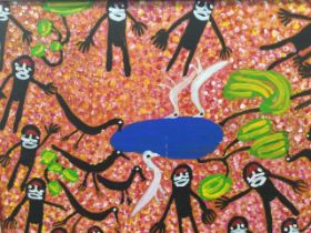 An Australian Aboriginal oil on board of figures, birds and trees around a waterhole, mounted and