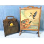 An oak firescreen handpainted with panel of kingfishers by J Currie dated 1934; and a deco